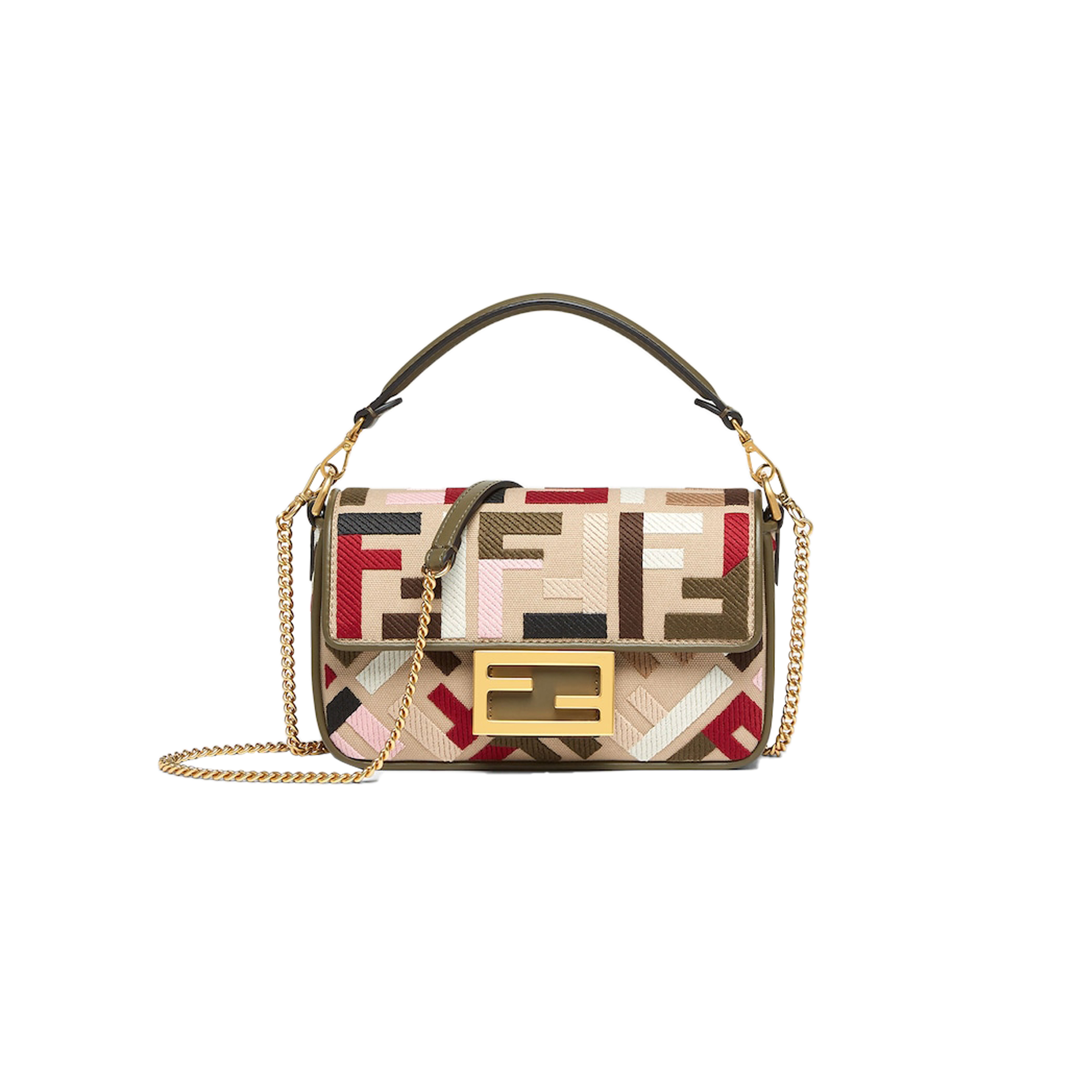 FENDI BAGUETTE MINI CANVAS BAG WITH MULTICOLOR FF EMBROIDERY 8BS017ANH4F1Q6O  (20*13*5cm)